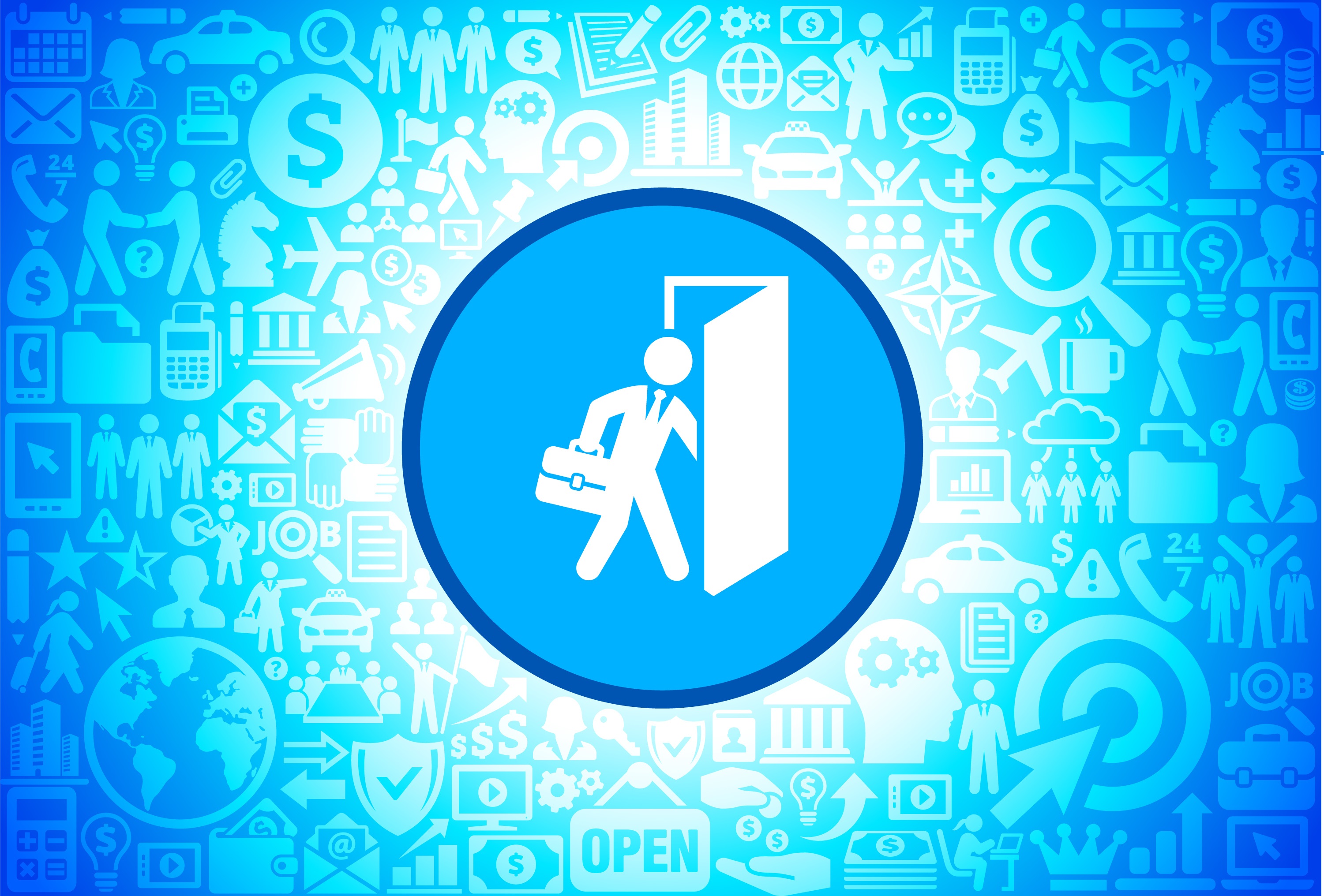 Going to Work Icon on Business and Finance Vector Background. The blue button with the white icon on it is in the center of the illustration. The button is surrounded with business and finance icon pattern. The icons vary in size and shades of blue color. There is a white glow around the round button which helps it stand out from the background. The icons include such popular business and finance symbols as business people, business meetings and travel, profits and financial charts and many more. You can also use each icon separately from the main background.