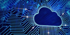 Blue circuit board with cloud symbol and connection links
