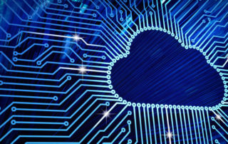 Blue circuit board with cloud symbol and connection links