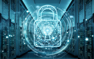 White and blue firewall activated on server room data center 3D rendering